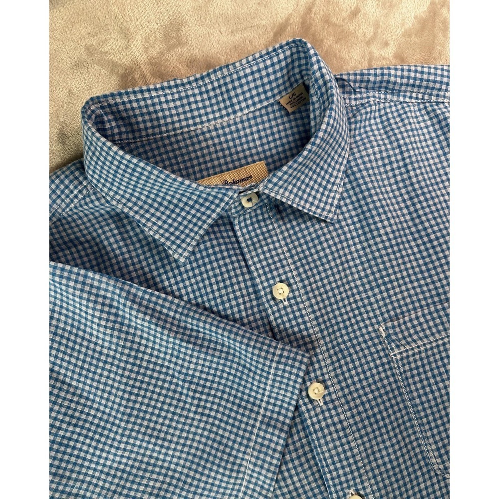 Tommy Bahama Shirt Mens Large Blue Gingham Linen Cotton Short Sleeve Button Up